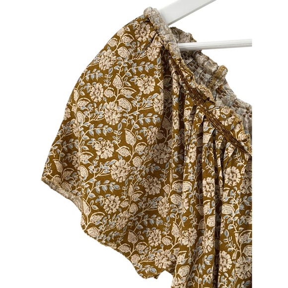 Faherty Blouse Womens Small Brown Floral Linen Blend Boho Peasant Ruffle Smocked - Picture 4 of 10